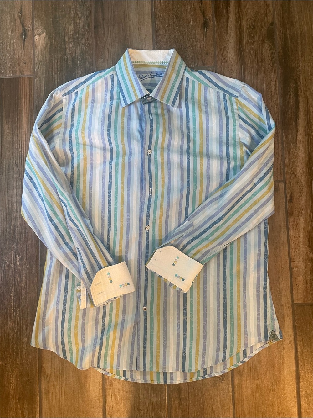 Robert Graham Striped Blue, Teal & Yellow Dress Shirt